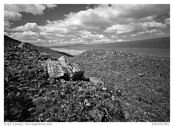 Boulder field and Turquoise Lake. Lake Clark National Park (black and white)