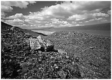 Boulder field and Turquoise Lake. Lake Clark National Park, Alaska, USA. (black and white)