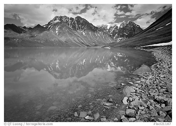 Shore of Turqouise Lake with Telaquana Mountains reflected in silty water. Lake Clark National Park (black and white)
