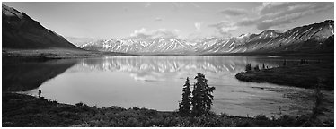 Mountains reflected in Twin Lakes. Lake Clark National Park (Panoramic black and white)