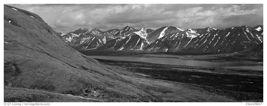 Summer mountain landscape with cloudy skies. Lake Clark National Park (black and white)
