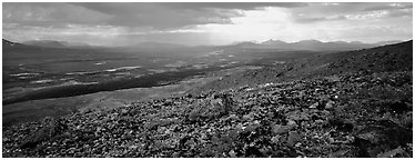 Summer tundra scenery with distant storm. Lake Clark National Park (Panoramic black and white)
