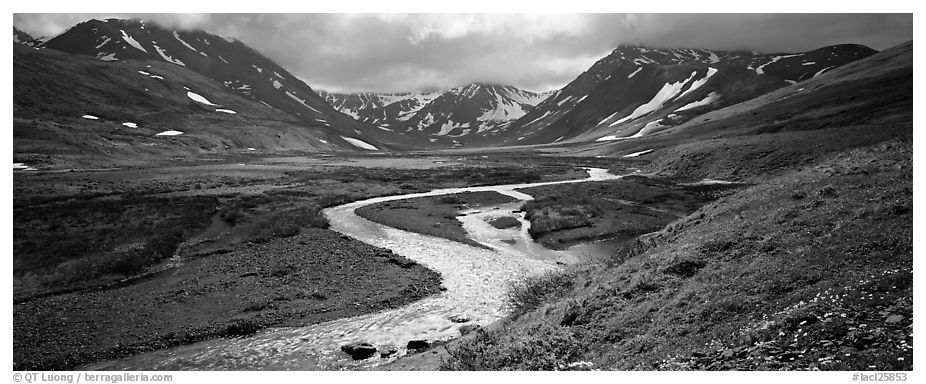 Mountain scenery with stream and tundra in summer. Lake Clark National Park (black and white)