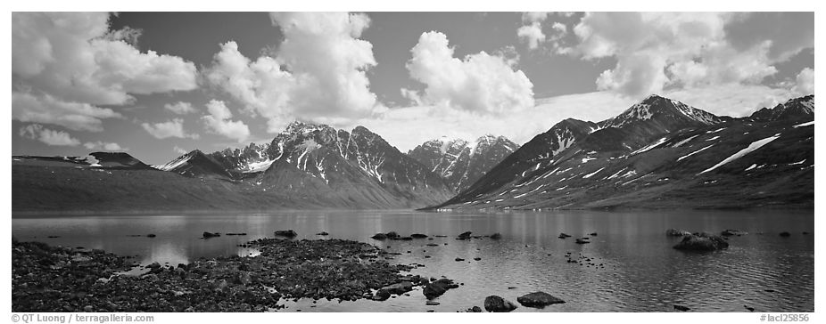 Mountain lake landscape. Lake Clark National Park (black and white)