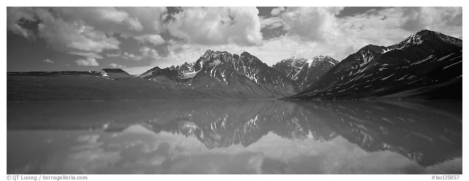 Clouds and mountains reflected in Turquoise Lake. Lake Clark National Park (black and white)