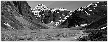 Valley, distant waterfall, and mountains. Lake Clark National Park (Panoramic black and white)