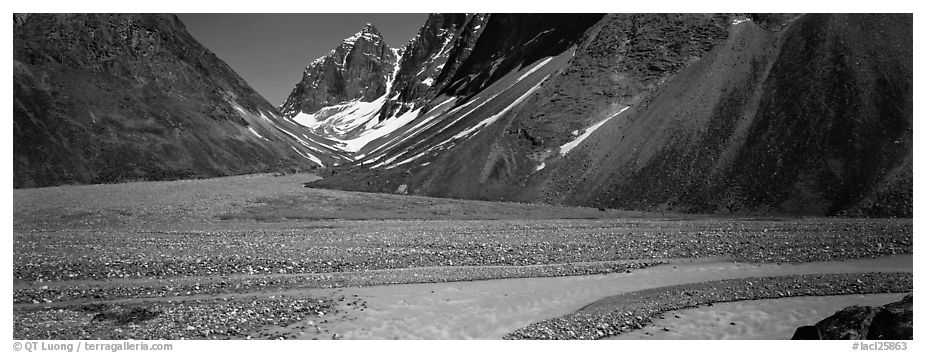 Valley with gravel bar surrounded by steep mountains. Lake Clark National Park (black and white)