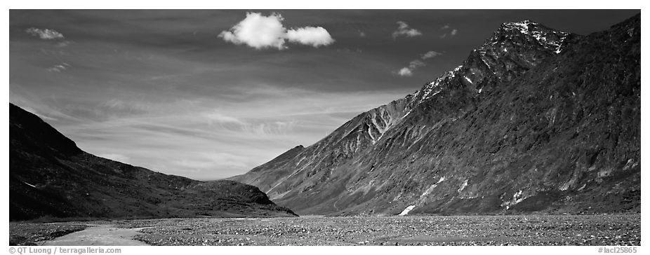 Peaks rising above gravel bar. Lake Clark National Park (black and white)