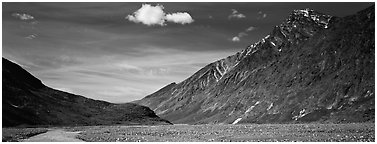 Peaks rising above gravel bar. Lake Clark National Park (Panoramic black and white)