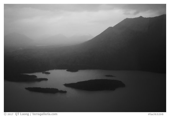 Aerial view of Lake Clark north shore, rain. Lake Clark National Park (black and white)