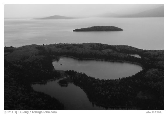 Aerial view of Lake Clark south shore, rain. Lake Clark National Park (black and white)