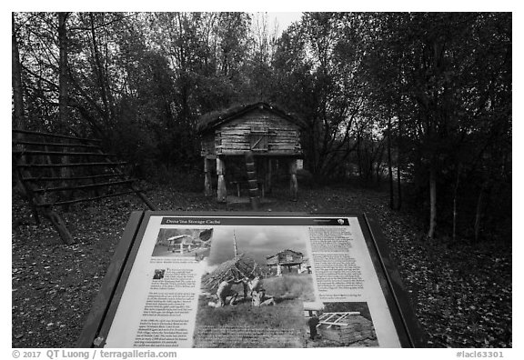 Denaina Storage Cache interpretive sign. Lake Clark National Park (black and white)