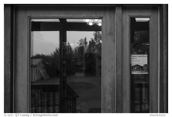 Visitor Center window reflexion. Lake Clark National Park (black and white)