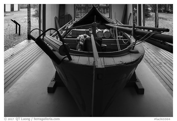 Historic double-ender fishing boat from Bristol Bay. Lake Clark National Park (black and white)