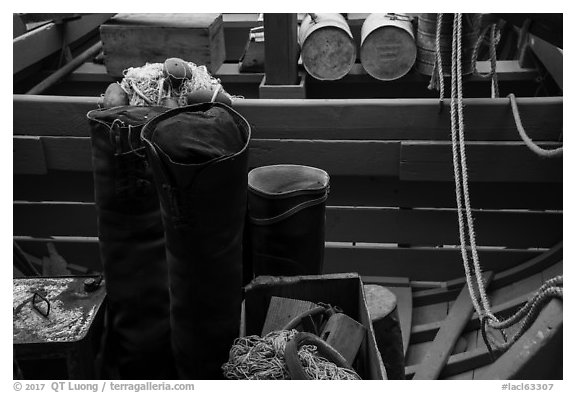 Close up of historic fishing boat inside. Lake Clark National Park (black and white)