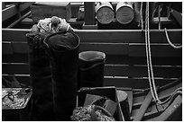 Close up of historic fishing boat inside. Lake Clark National Park ( black and white)