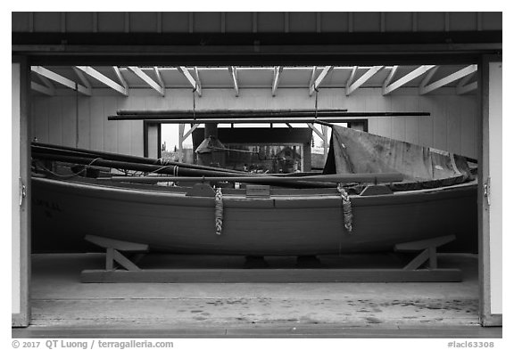 Building housing historic fishing boat from Bristol Bay. Lake Clark National Park (black and white)