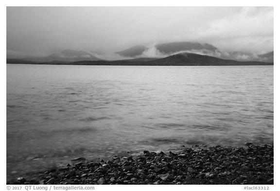 Lake Clark from Port Alsworth, rain. Lake Clark National Park (black and white)