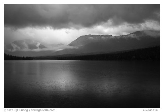 Rain and clearing, Kontrashibuna Lake. Lake Clark National Park (black and white)