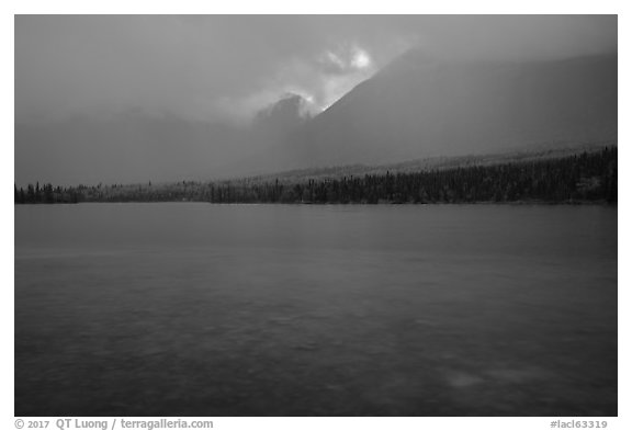 Turquoise waters and rain, Kontrashibuna Lake. Lake Clark National Park (black and white)