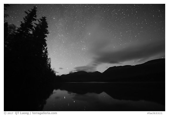 Starry sky above Kontrashibuna Lake. Lake Clark National Park (black and white)