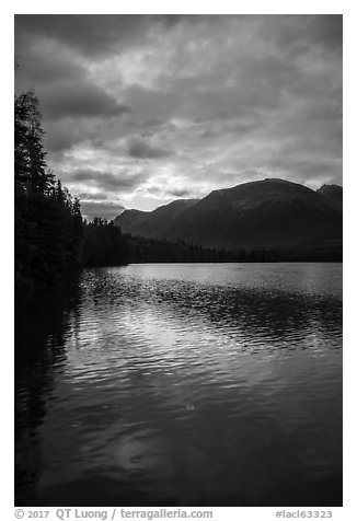 Kontrashibuna Lake with sunrise cloud reflections. Lake Clark National Park (black and white)