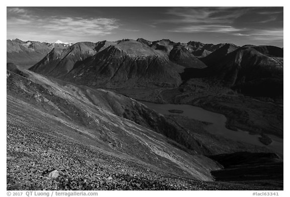 Kontrashibuna Lake and distant Iliamna Volcano. Lake Clark National Park (black and white)