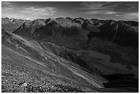 Kontrashibuna Lake and distant Iliamna Volcano. Lake Clark National Park ( black and white)