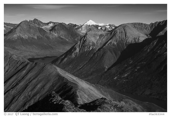 Kontrashibuna Lake and Iliamna Volcano from Tanalian Mountain. Lake Clark National Park (black and white)