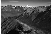 Kontrashibuna Lake and Iliamna Volcano from Tanalian Mountain. Lake Clark National Park ( black and white)