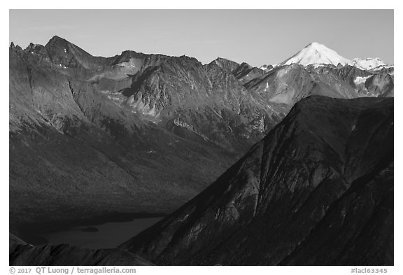 Iliamna Volcano  and Kontrashibuna Lake. Lake Clark National Park (black and white)