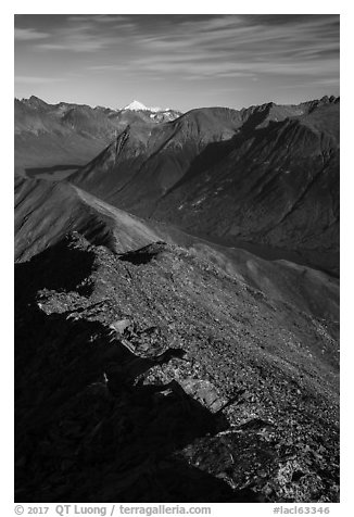 Summit ridge of Tanalian Mountain, Kontrashibuna Lake, Iliamna Volcano. Lake Clark National Park (black and white)