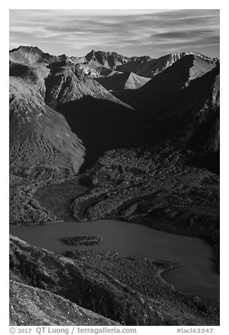 Kontrashibuna Lake and islet from above. Lake Clark National Park (black and white)