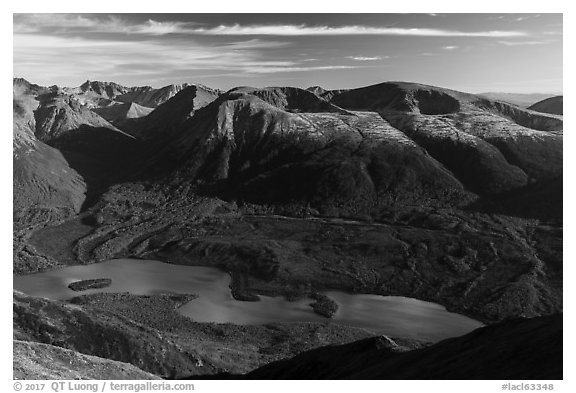 Turquoise Kontrashibuna Lake from Tanalian Mountain. Lake Clark National Park (black and white)