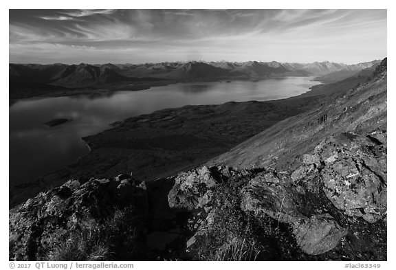 Lichen-covered rocks, Lake Clark from Tanalian Mountain. Lake Clark National Park (black and white)