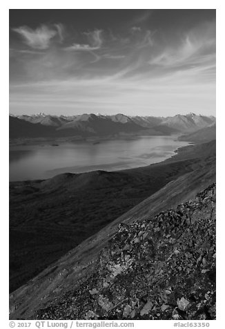 Lake Clark from Tanalian Mountain, looking north, afternoon. Lake Clark National Park (black and white)