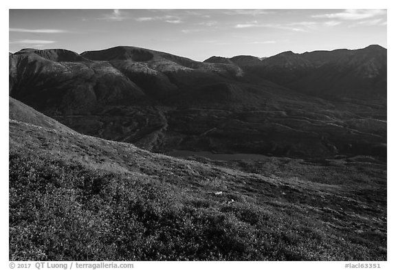 Tundra in autumn, Kontrashibuna Lake from Tanalian Mountain. Lake Clark National Park (black and white)