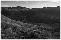 Tundra in autumn, Kontrashibuna Lake from Tanalian Mountain. Lake Clark National Park ( black and white)