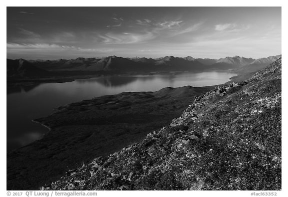 Tundra in autumn, Lake Clark from Tanalian Mountain. Lake Clark National Park (black and white)