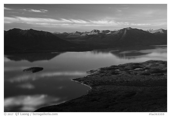 Lake Clark (Qizhjeh Vena) from above, late afternoon. Lake Clark National Park (black and white)