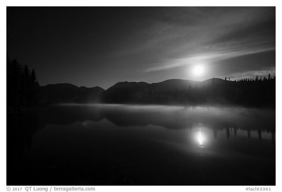 Kontrashibuna Lake and moon at night. Lake Clark National Park (black and white)
