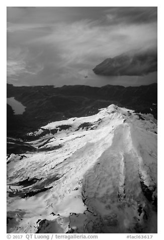 Aerial view of Iliamna Volcano and Cook Inlet. Lake Clark National Park (black and white)