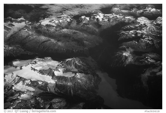 Aerial view of Tuxedni Bay and Chigmit Mountains. Lake Clark National Park (black and white)