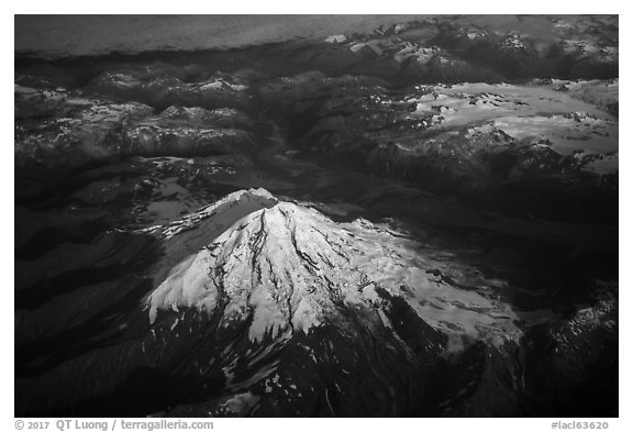 Aerial view of Redoubt Volcano. Lake Clark National Park (black and white)