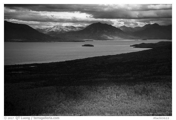 Aerial view of Lake Clark near Port Alsworth. Lake Clark National Park (black and white)