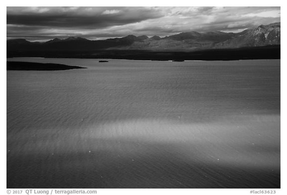 Aerial view of light and shadows on Lake Clark. Lake Clark National Park (black and white)