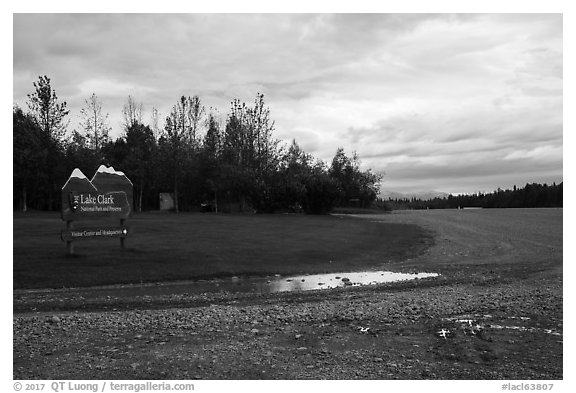 Airport runway and national park sign. Lake Clark National Park (black and white)
