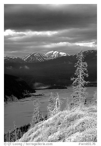 Chitina river under dark clouds. Wrangell-St Elias National Park, Alaska, USA.