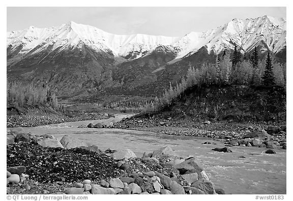 Kennicott river and Wrangell mountains. Wrangell-St Elias National Park (black and white)