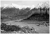 Kennicott river and Wrangell mountains. Wrangell-St Elias National Park ( black and white)